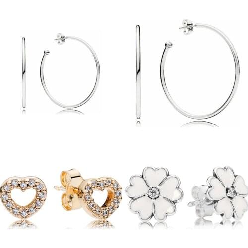 Original Open Heart White Enamel Primrose Flower Round Circle 925 Sterling Silver Earring For Women Gift Europe Jewelry