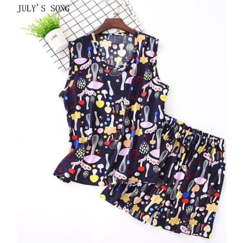 JULYS SONG Viscose Pajamas Set 2 Pieces Women Floral Printing Sleevess Shorts Summer Cool Sleepwear Nightwear Casual Homewear