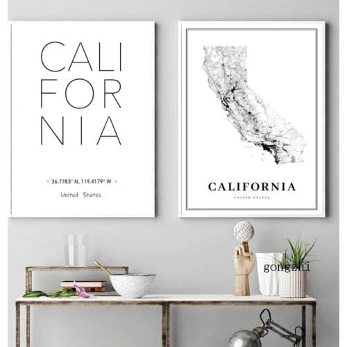 California City Map Nordic Posters Black and White Simple Canvas Painting United States Wall Art Prints Living Room Home Decor