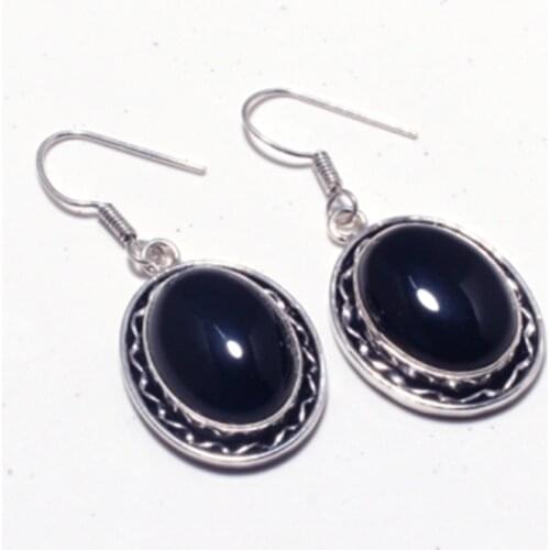 Genuine Black Onyx Silver Overlay on Copper Earrings ,Hand made Women Jewelry Gift , E5308