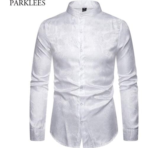 Mens Casual Luxury Print Dress Shirts Brand Mandarin Collar Paisley Jacquard Slim Shirt Party Wedding Club Social Shirt White