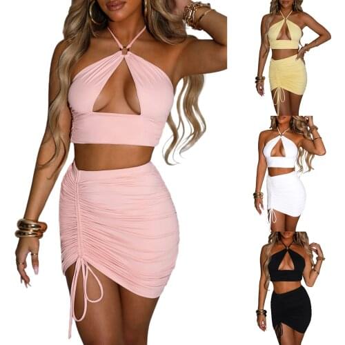Sexy Womens Suit Close-fitting Two-piece Clothes Casual Set Solid Color Halter Neck Vest and Drawstring Skirt