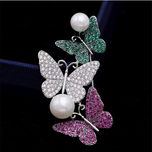 Creative Butterfly Pearl Brooches For Female Micro Pave Cubic Zirconia Coat Pin Accessories Temperament Brooch Jewelry
