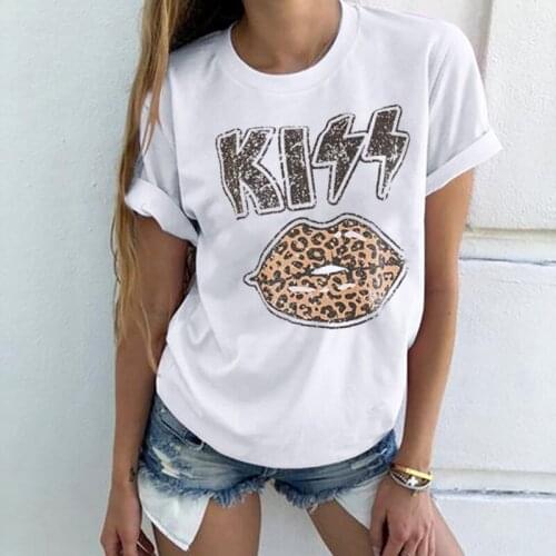 Woman Tshirt Short Sleeve Tee Top Drop Shipping T-shirt Woman Kiss Printed Lip