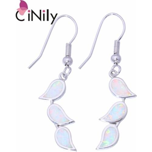 CiNily Created White Blue Fire Opal Silver Plated Wholesale Hot Sell for Women Jewelry Drop Earrings 1 3/4" OH2687-88