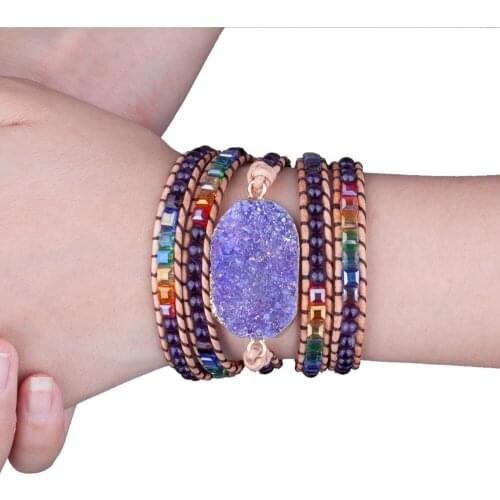 SUNYIK Multi Layer Leather Wrap Bracelet Boho Handmade Braided Cuff Bangle Crystal Bead Druzy Quartz Bracelet for Women