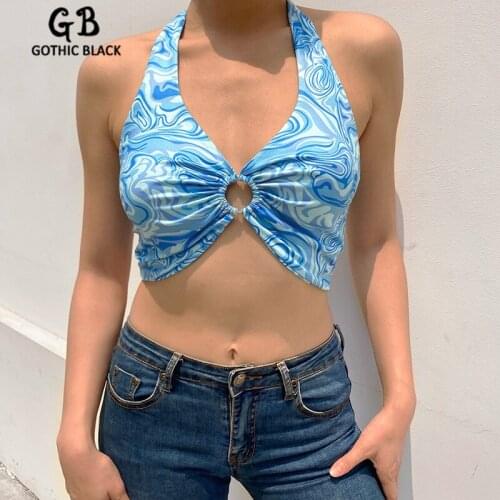 Gothblack Sexy Women Tie Dye Printing Halter Slim Camisole Fashion Bodycon Blue Hollow Out Backless Tank Tops Summer Casual Vest