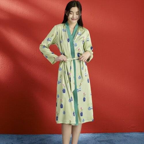 Ice Silk Women Summer Long-sleeved Printed Bathrobe Silk Pajamas Women Fashion Elegant Nightgown Home Service