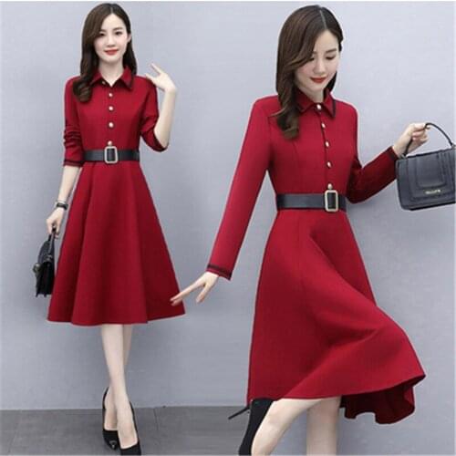 New Spring Autumn Long Sleeve Womens Dresses With Belt Lace Femme Vestido Slim OL Big Size Lady Dress Vintage Solid Clothes