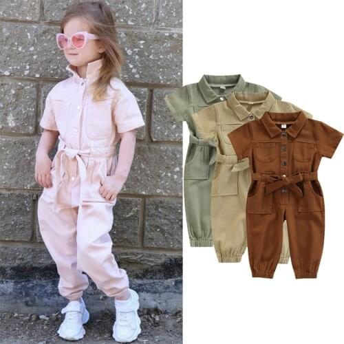 1-5Years Fashion Toddler Kids Girls Summer Rompers Turn-down Collar Single Breasted Sashes Rompers Jumpsuits Overalls Long Pants