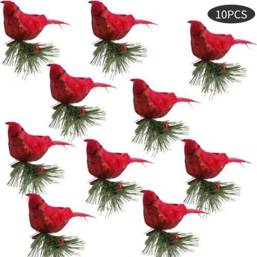 10Pcs Lifelike Cute Cardinal Clip On Xmas Tree Ornaments Festival Decor Red Feathers Artificial Birds Household Props