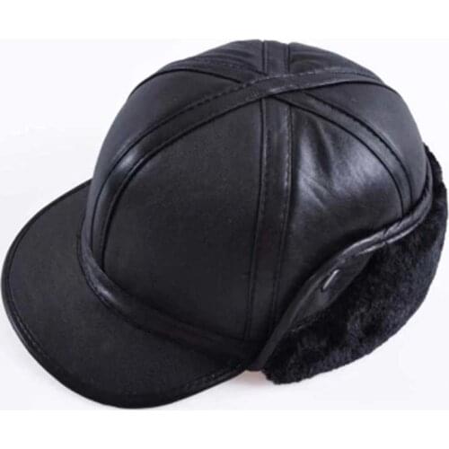 2018 Winter Autumn Mens Sheepskin Leather Cap Warm Hat Baseball Cap With Ear Flaps Russia Genuine Leather Hats For Men