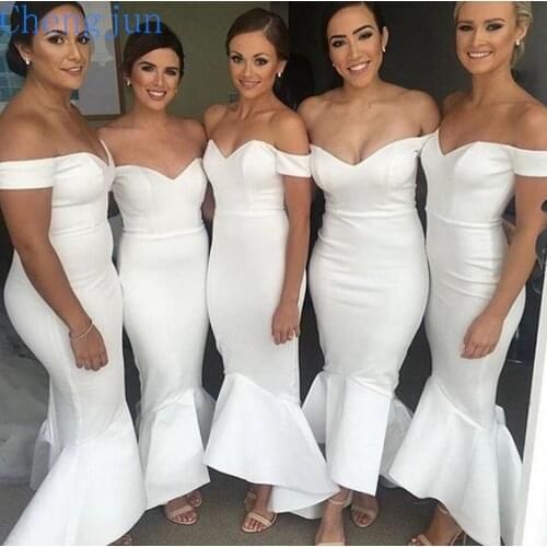 Chengjun Off Shoulder High Low Satin White Mermaid Bridesmaid Dress