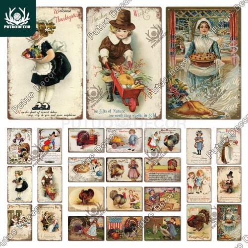 Putuo Decor 2021Thanksgiving Vintage Tin Sign Metal Plate Funny Turkey Plqaue for Family Love Gift Home Kitchen Sweet Wall Decor