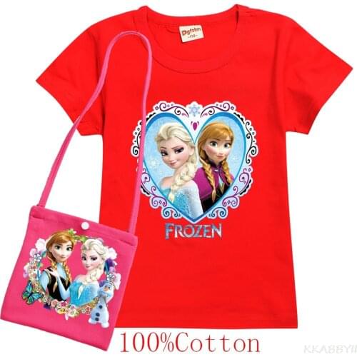 Disney Frozen Elsa Summer Cotton T Shirt+bag for Girl Kids Cartoon Colorful Print Tops Tees Child Baby Short Sleeve Home Clothes