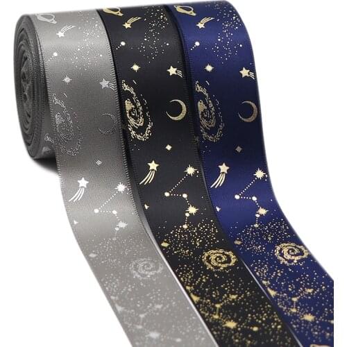 5 Yards 1" 25MM Satin Ribbon Hot Stamping Gold And Silver Starry Sky Series Printed Bow Ribbon DIY Crafts Handmade Accessories