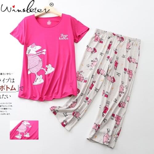 Summer Pajama Sets for Women Girls Knitted Cotton Sleepwear Sheep Print Plus Size 3XL Short Sleeve 2 Pcs Set Lounge Thin T13807A