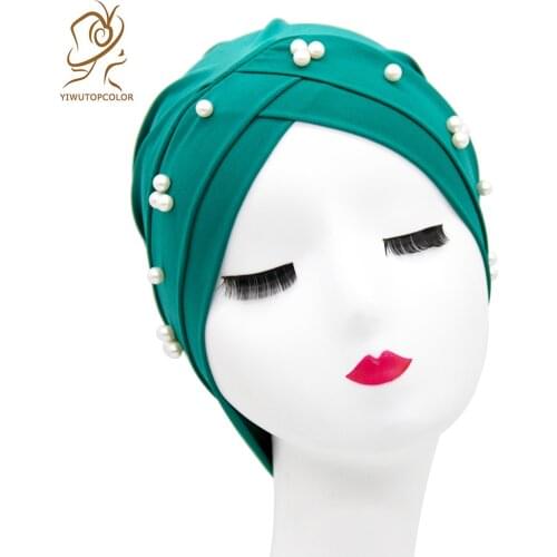 New muslim Elastic Cotton pearl Turban Hat Solid Color Women Warm Winter Bonnet Inner Hijabs Cap indian african Hijab femme