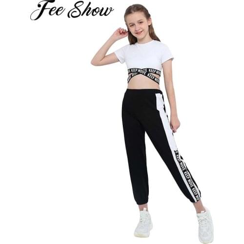 New Kids Girls Gym Running Yoga Sports Suit Dance Set Short Sleeve Crop Top High Waist Letters Print Pants Trousers Sportwear