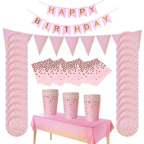 Gold Dot Pink Disposable Tableware Paper Napkins Plates Straw Unicorn Birthday Party Decoration Kids Baby Shower Party Supplies