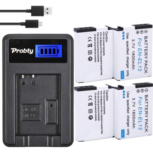Probty 4Pcs EN-EL12 EN EL12 + USB LCD Charger for NIKON Coolpix AW100 AW110 AW120 S9900 S9700 S9500 S9300 S9200 S8200 S6300 P330