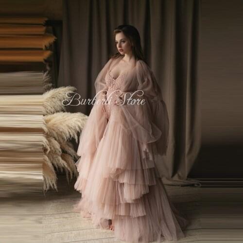 Dusty Pink Puffy Tulle Maternity Robes Long Women Jacket To Photo Shoot Dreamlike Soft Mesh Dress For Pregnant Women Party Gowns