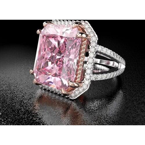 Jewepisode Luxury 5ct Pink Gemstone Engagement Rings for Women Silver Plated Jewelry Finger Ring Wholesale Fine Jewelry