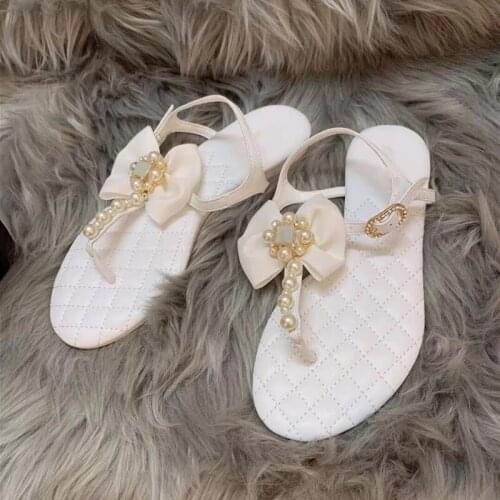 2021 Summer Fashion Pearls Sansals for Women Designer Luxury Bow Flat Shoes Female Outdoor Beach Sandals Shoes