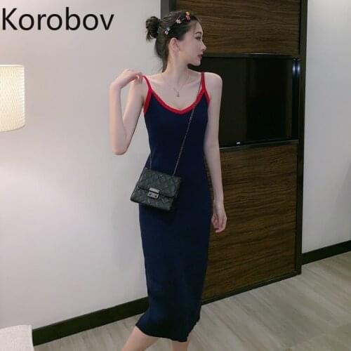 Korobov Sexy Knitted Women Spaghetti Strap Dress Vintage Hit Color Female Dresses Streetwear Korean Chic Vestidos Femme