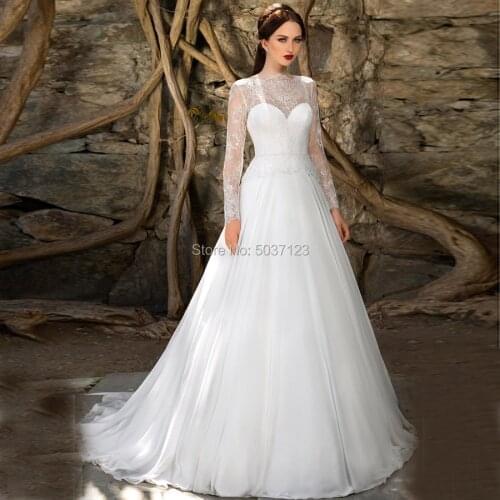 Chiffon Long Sleeves Vestido De Noiva Wedding Dresses Lace Appliques A Line Buttons Bridal Gowns for Brides Vestido de Noiva