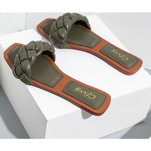 Women Weave Slippers Flat Sandals Open Toes Square Soft Green Foot Pad Leisure Large Size 37-42 Flip Flops Office Women Slippers