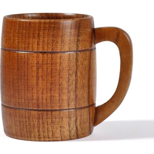 320mL Wooden Beer Mugs Handmade Retro Brown Drinkware with Handle for Wine/Coffee/Tea Gift Drinking Cup for Men/Women