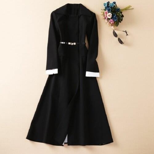 High Quality Brand New Long Coat Trench 2021 Autumn Winter Overcoats Women Turn-down Collar Covered Button Long Black Trench
