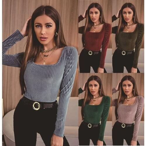 Women Square Neck Long Sleeve T Shirt 2021 Female Autumn And Winter Solid Casual Basic Skinny Office Lady Shirt Tops Plus Size