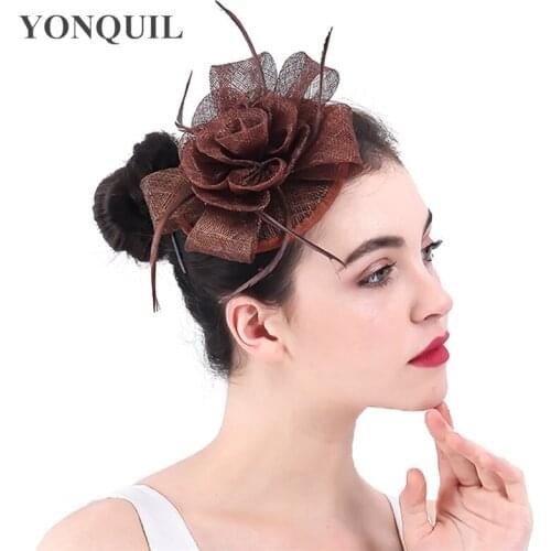 Nice Sinamay Brown Wedding Headpiece Elegant Bride Fascinator Hair Accessories Women Party Dinner Chapeau Cap Fancy Feathers
