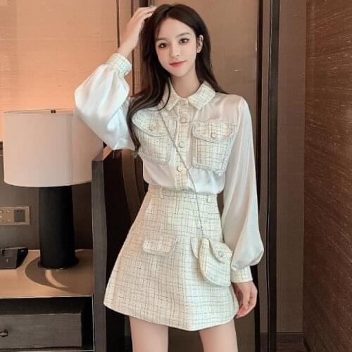 Fall 2021 New Two piece set Women Tweed Patchwork Lantern sleeve Chiffon Shirt and Woolen A-line Skirt Suits With free bag