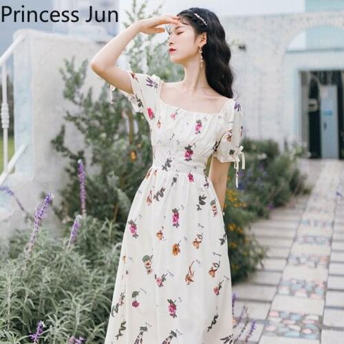Women Holiday Retro Niche Fairy Floral Dress Summer French Vintage Slim Waist A Line Dress Vestidos Puff Sleeve Midi Party Dress