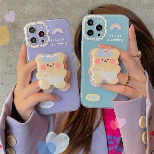 3D Cartoon Bear Grip Stand Holder Phone Case For iPhone 11 12 Pro MAX XR X XS SE2020 7 8Plus Cute Korea Soft Cover Bracket Coque