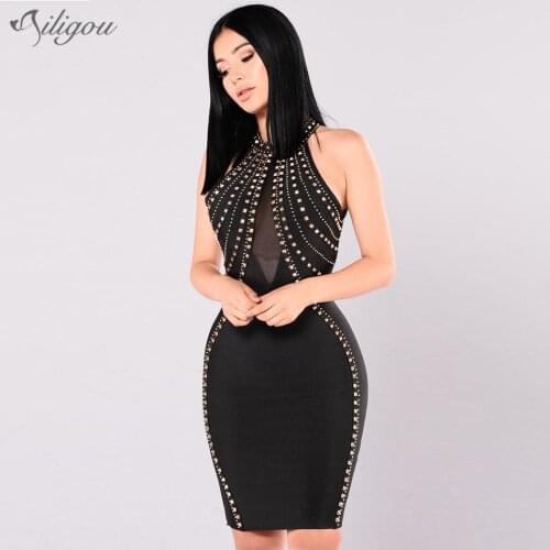 Ailigou 2020 Summer New Womens Sexy Party Dress Sleeveless Backless Beaded Dress Black Sheer Mesh Bandage Dress