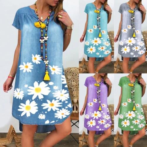 @ Women Jeans Dress Baggy Tunic Dress Casual Short Sleeve Floral Shift Dresses Midi Dress Blue Dresses For Women Dress Elegant