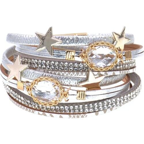 Multilayer Leather Bracelet women charm Rhinestone Crystal Femme stars Wrap Bracelets & Bangles For Women fashion Jewelry