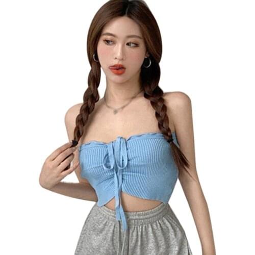DAXIN Sexy Summer Suspender Vest For Women Bra Off Shoulder Fashion Design Drawstring Open Navel Knitting Tanks 2021