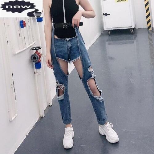 Spring Summer Big Hole Ripped Belt Jeans Woman Open Knee Casual Harem Trousers Student Fashion Hip Hop Streetwear Denim Pants