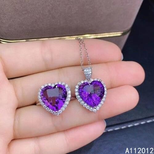 KJJEAXCMY fine jewelry natural Amethyst 925 sterling silver lovely girl pendant necklace ring set support test hot selling