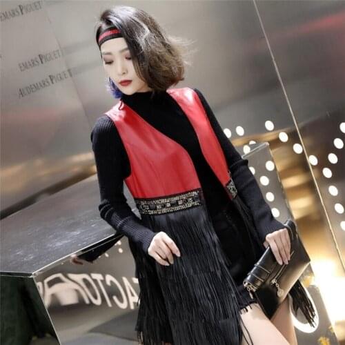 Fringed marquee female medium length 2019 spring Sheep skin slimming tassel natural leather red waist drill sleeveless jacket