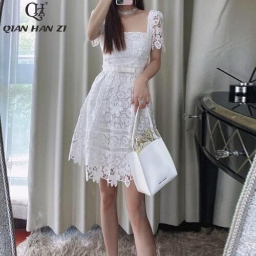 Qian Han Zi summer fashion lace dress Women Three-dimensional decoration embroidered hollow flower applique elegant white dress