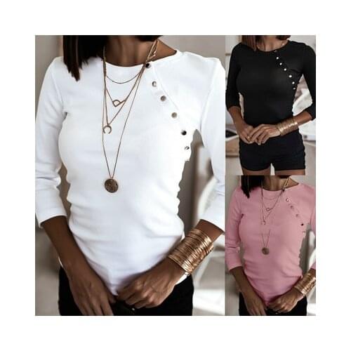 Fashion Harajuku Womans Spring Autumn T-Shirts Button Decor O-Neck Long Sleeve Solid Color Slim Pullovers Tops for Streetwear