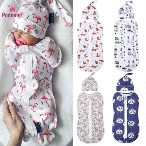 Pudcoco trendy print cotton Cute Newborn Swaddle Blanket Baby Boy Girl Zipper Sleeping Bag Wrap Hat Cloth 2pcs Size 0-6M