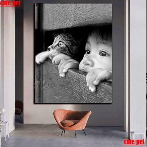 Diamond painting set Child and cats staring diamond embroidery full square round drill puzzles Decor gifts for the new year2020