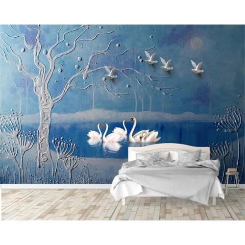 Beibehang Custom Wallpaper Home Decorative Mural Three - dimensional Oil Painting Swan Lake Tree Trees TV Wall 3d wallpaper